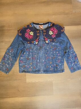 Remake Embroidered Denim Jacket with Floral Bib Collar